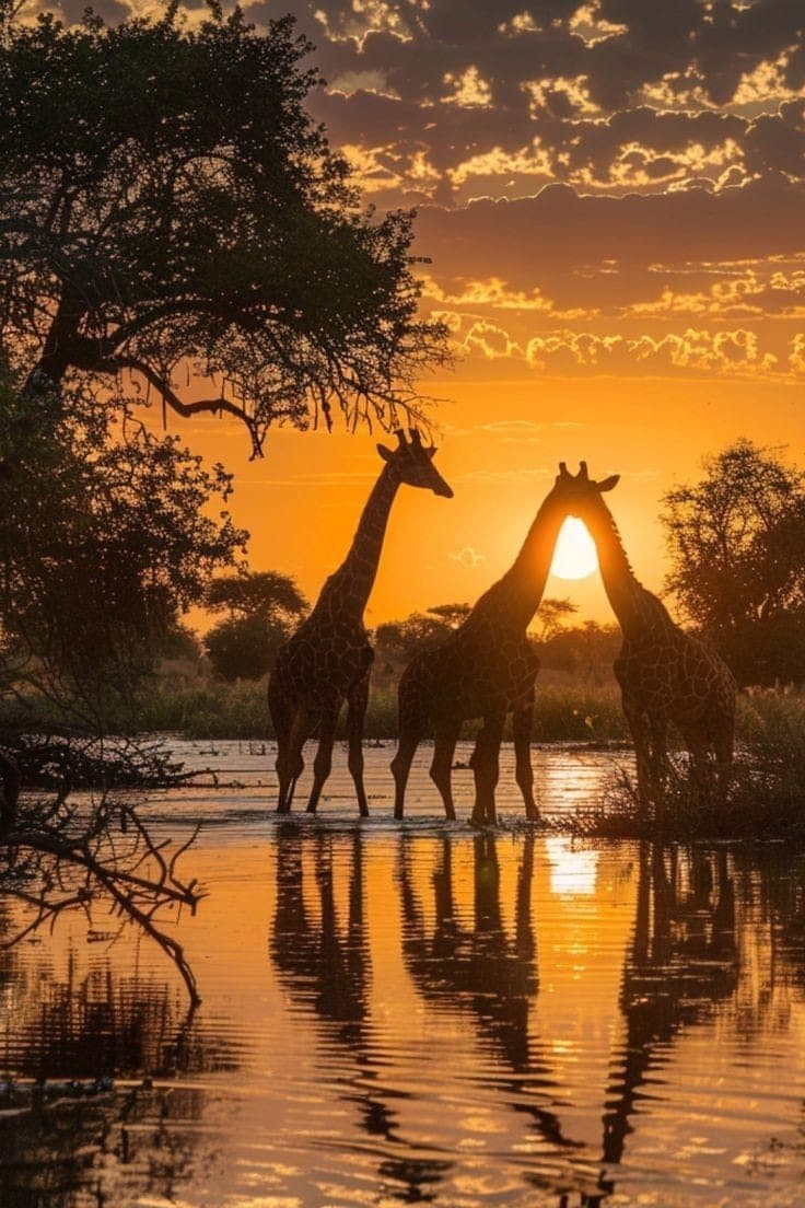 Giraffes silhouetted at sunset in Chobe, Botswana